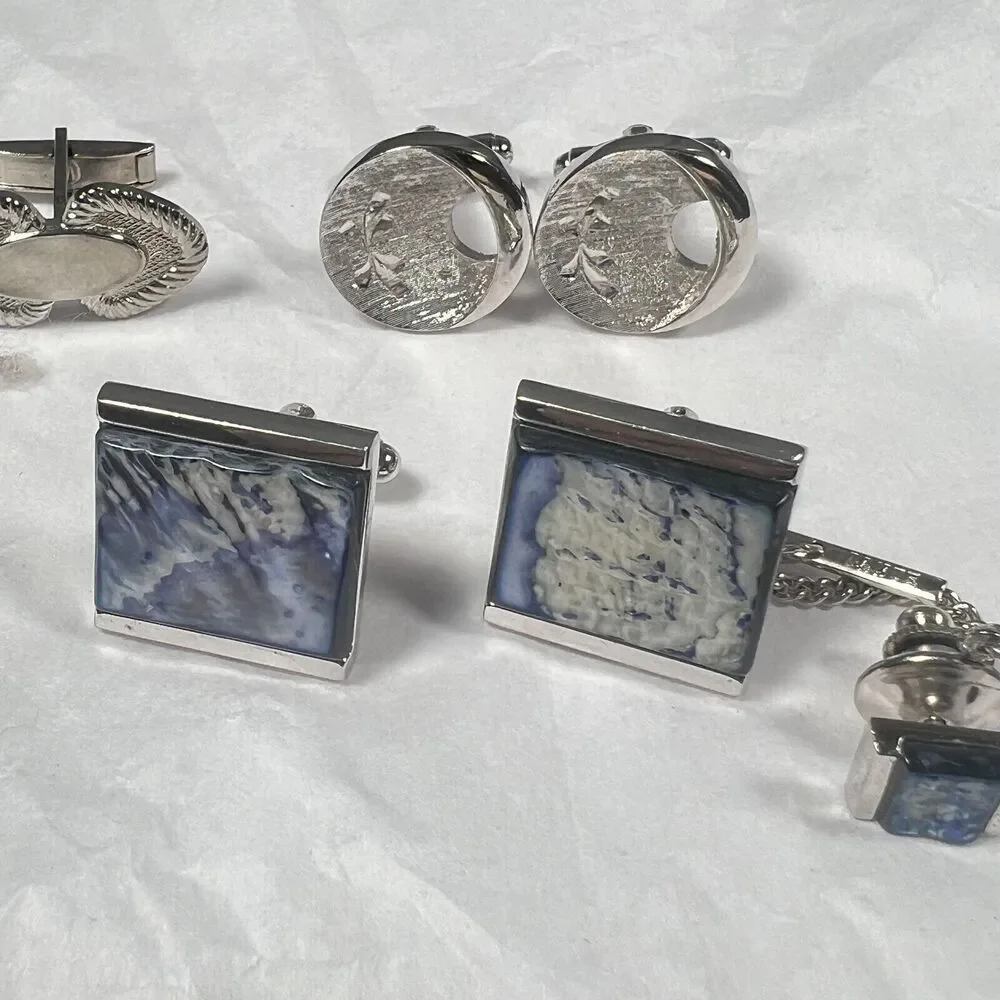 Vtg 70s Retro Silver Tone cufflinks and shirt studs prom gender neutral